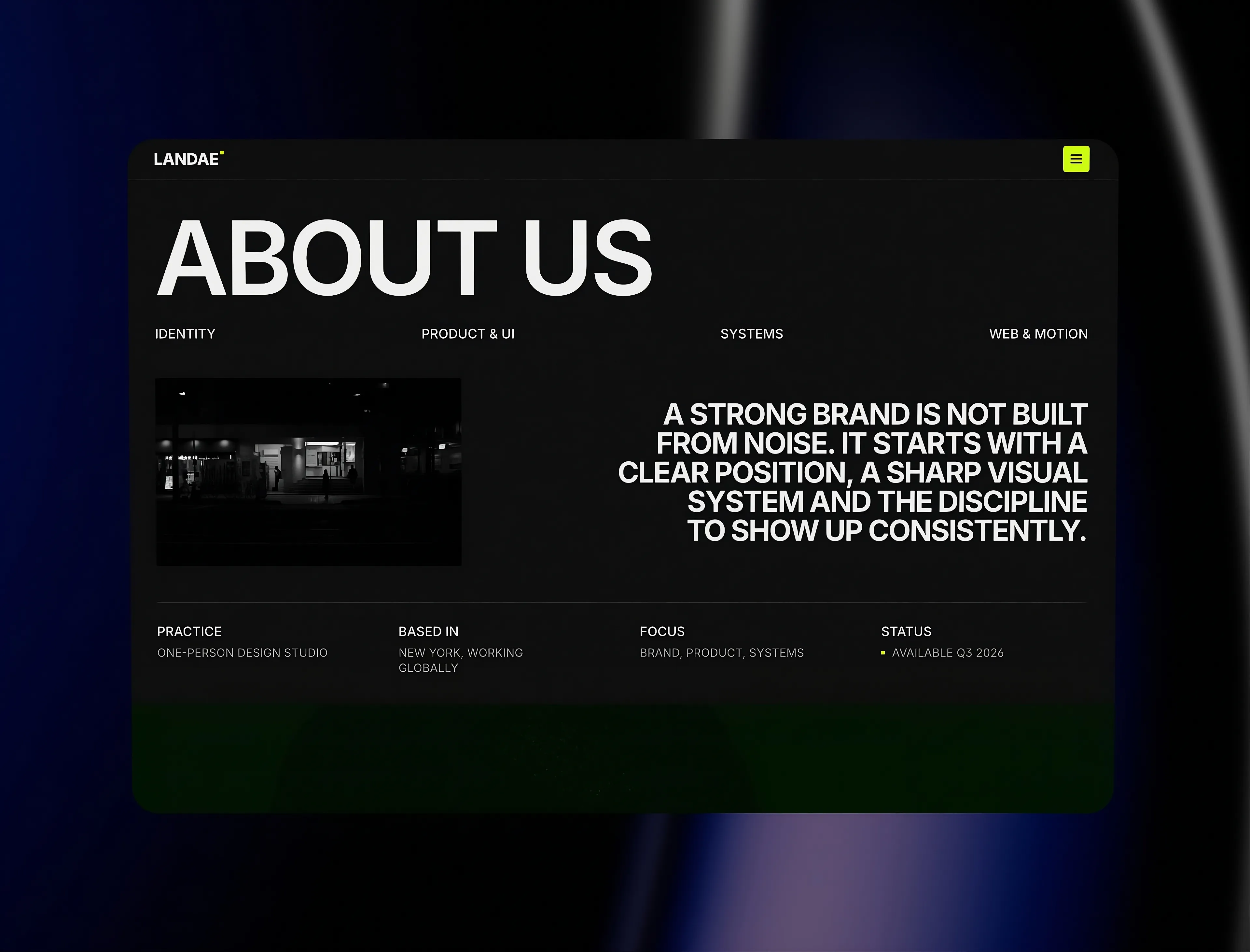 Landae Framer template about page - studio introduction with night photography and brand positioning statement.