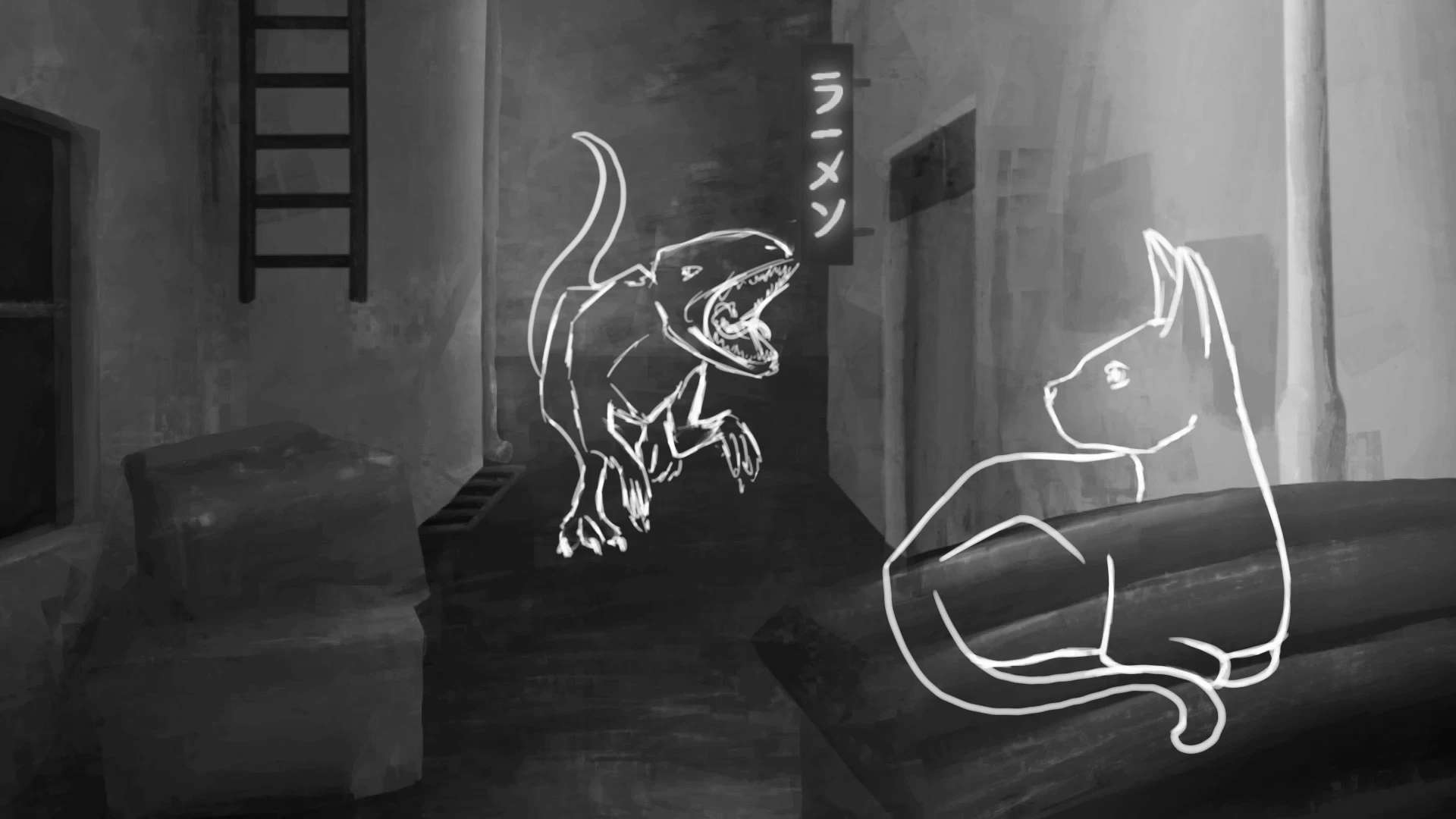 Drawing of a cat waking up on a trash can in a back alley, as a raptor attacks from behind