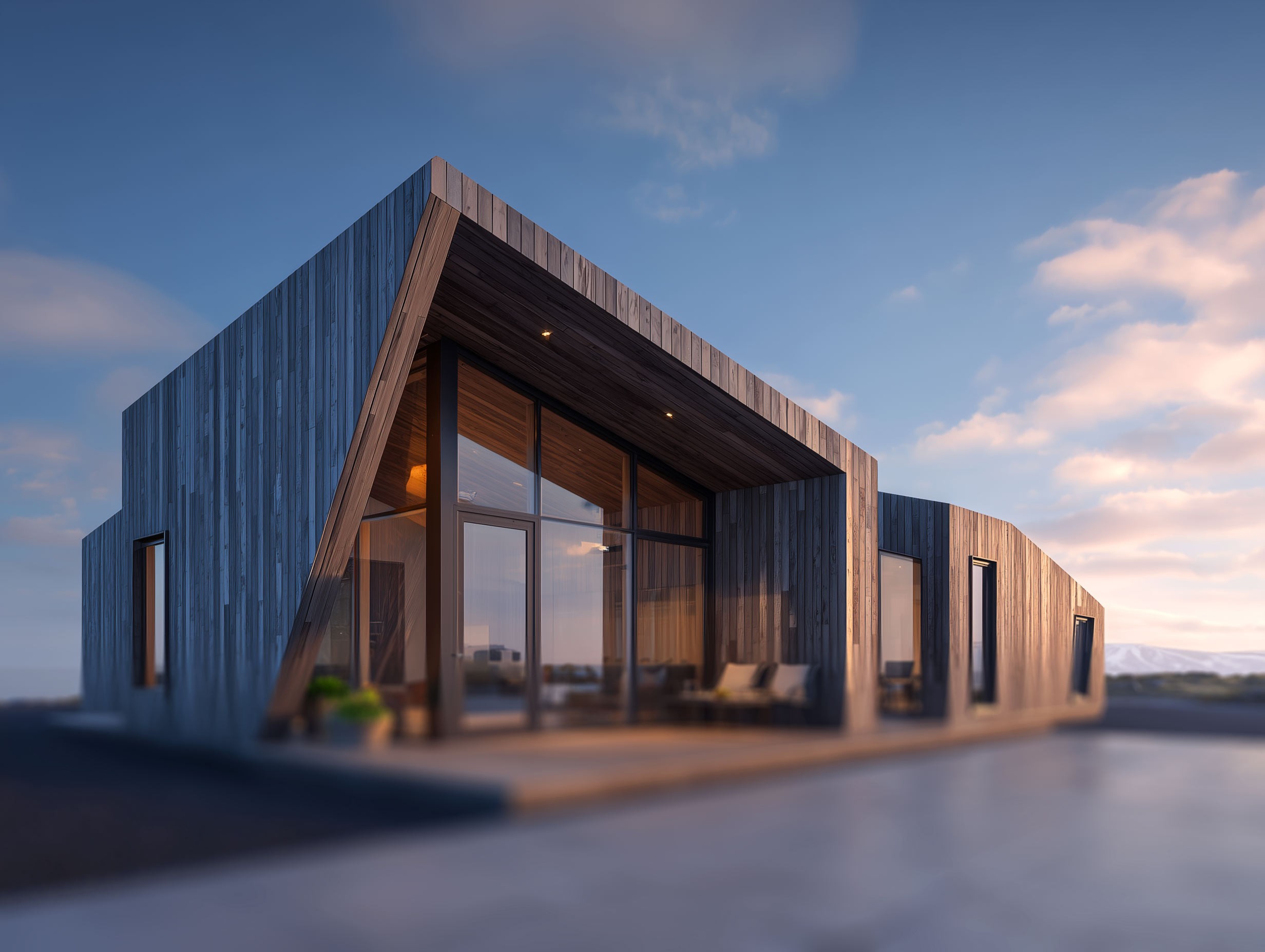 A modern lakeside house partially submerged in morning mist, mountains reflected in water.