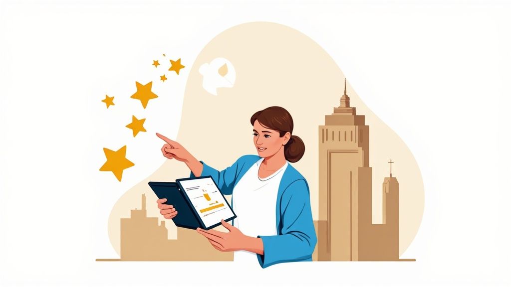 A hotel manager smiling while reading a positive review on a tablet, with a bustling, happy lobby in the background.