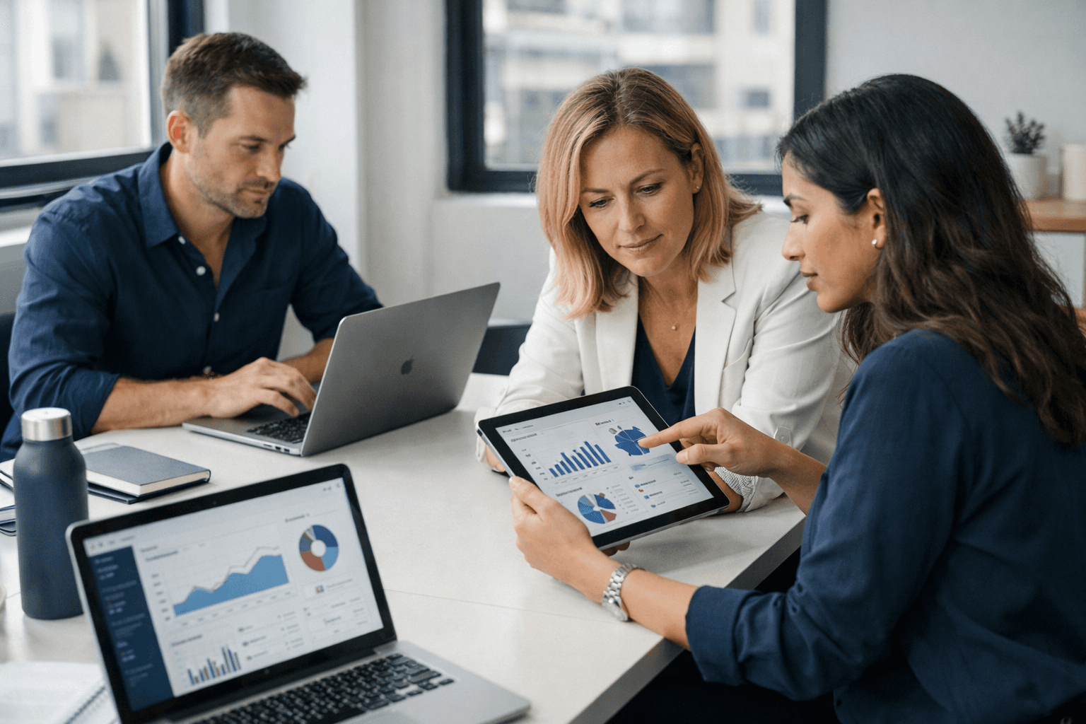 Event marketing team reviewing performance data in a strategy session, representing the AI-native agency working model