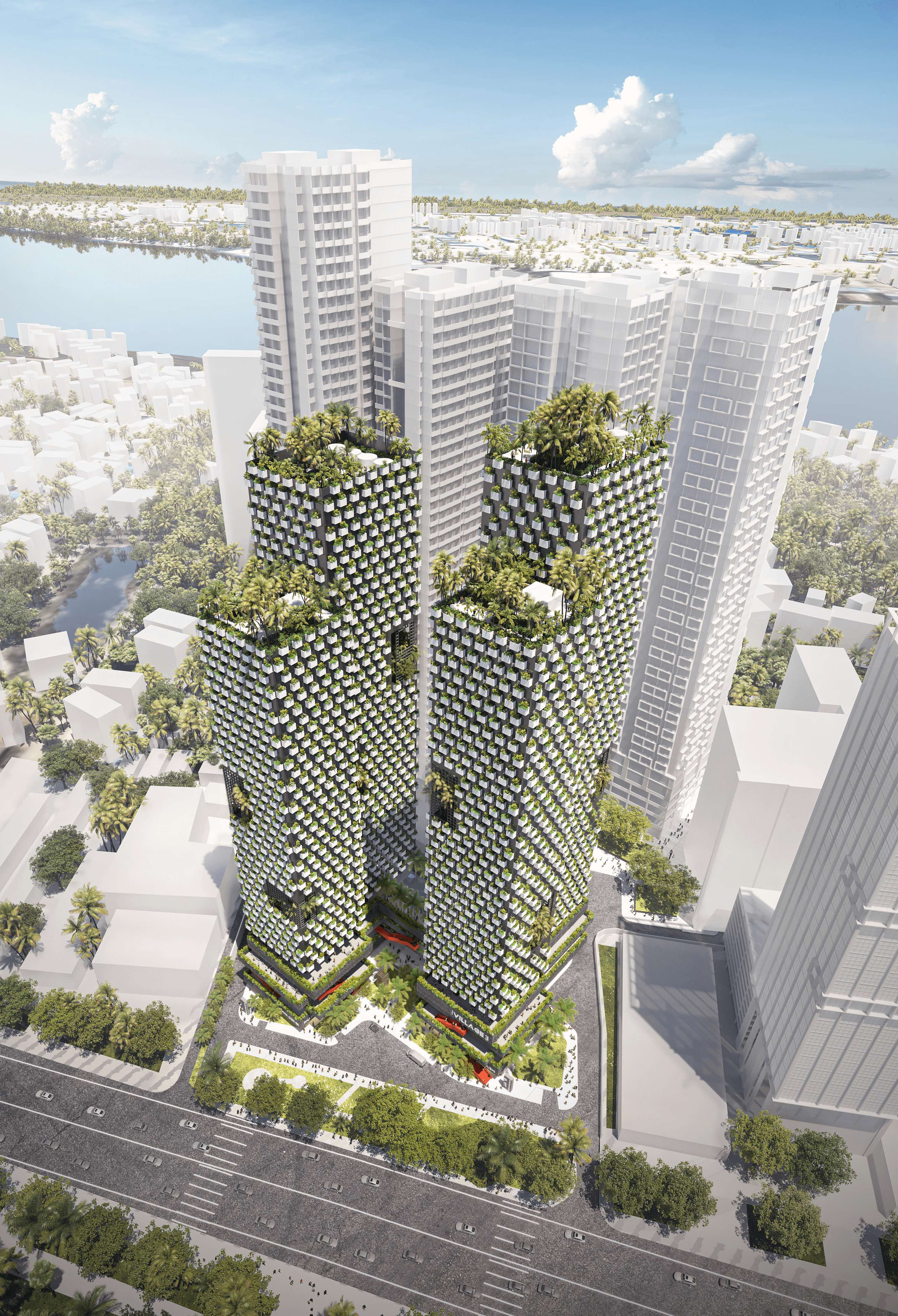 High-rise residential tower featuring modular planter facade system and vertical forest concept to improve microclimate and occupant wellbeing