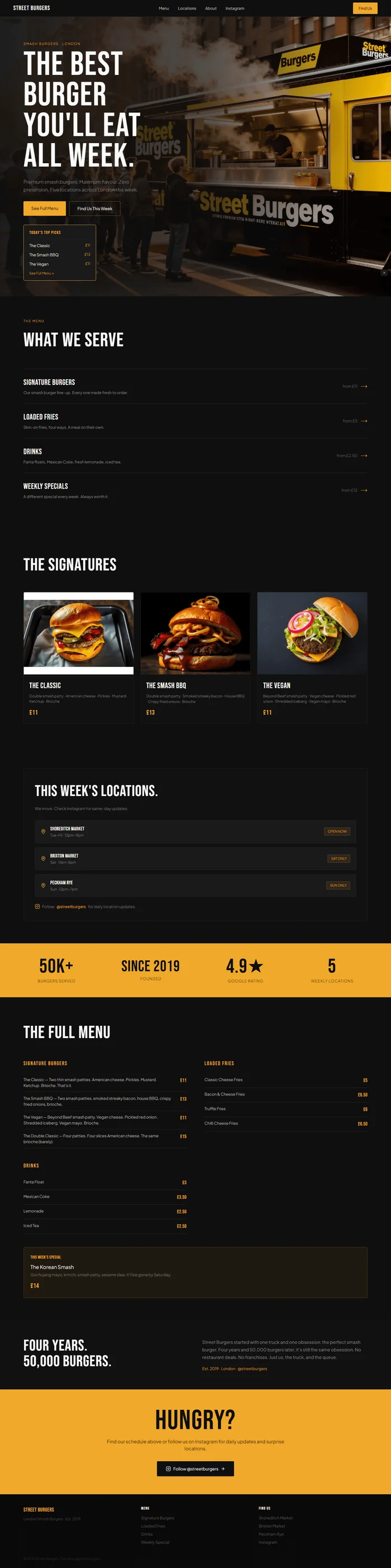 Full preview of a near-black street food website with warm saffron accents and Bebas Neue display type throughout. A floating menu preview card, location tracker with venue chips, and a full-width saffron stats strip give the site bold, high-energy street food personality.