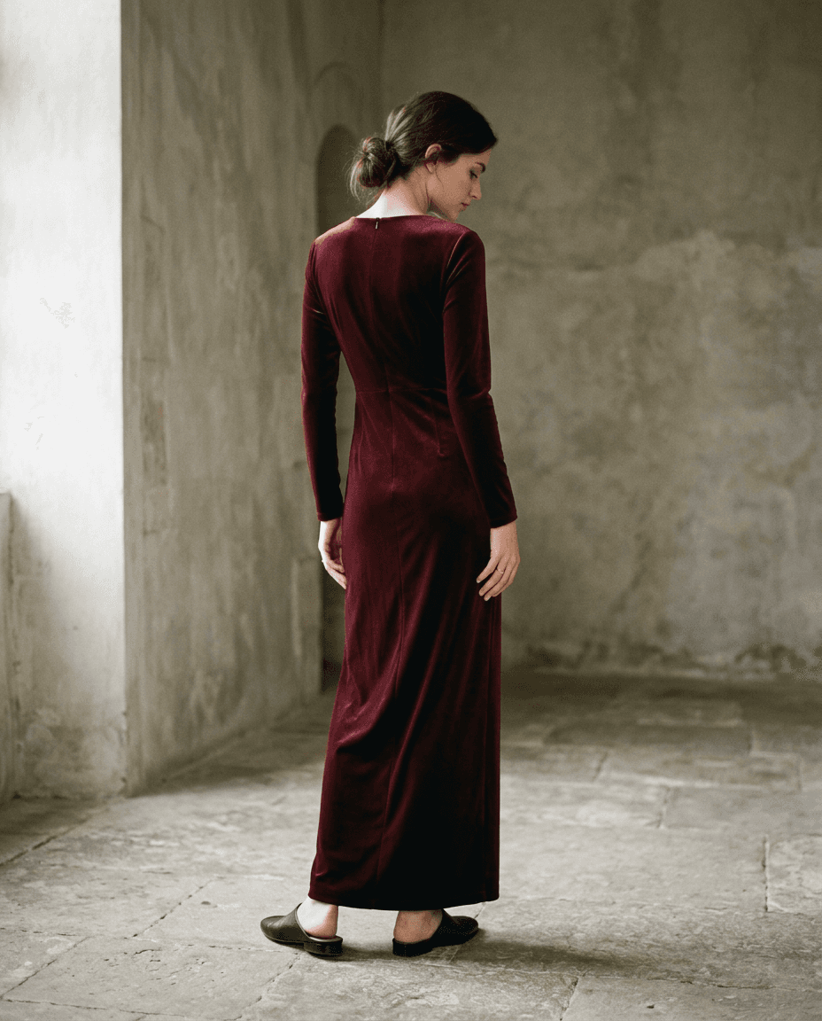 Burgundy Velvet Evening Dress — Muted Burgundy — full