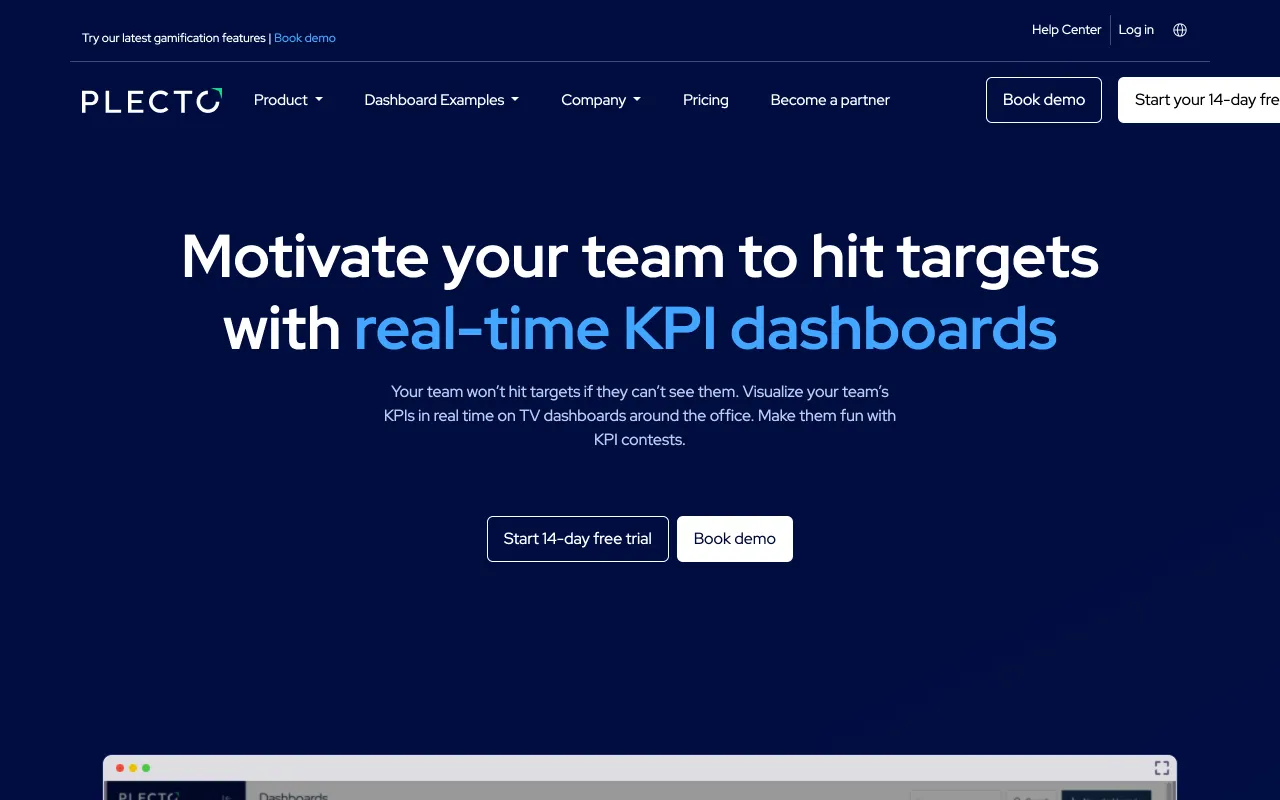 Plecto homepage, real-time KPI dashboards and gamification