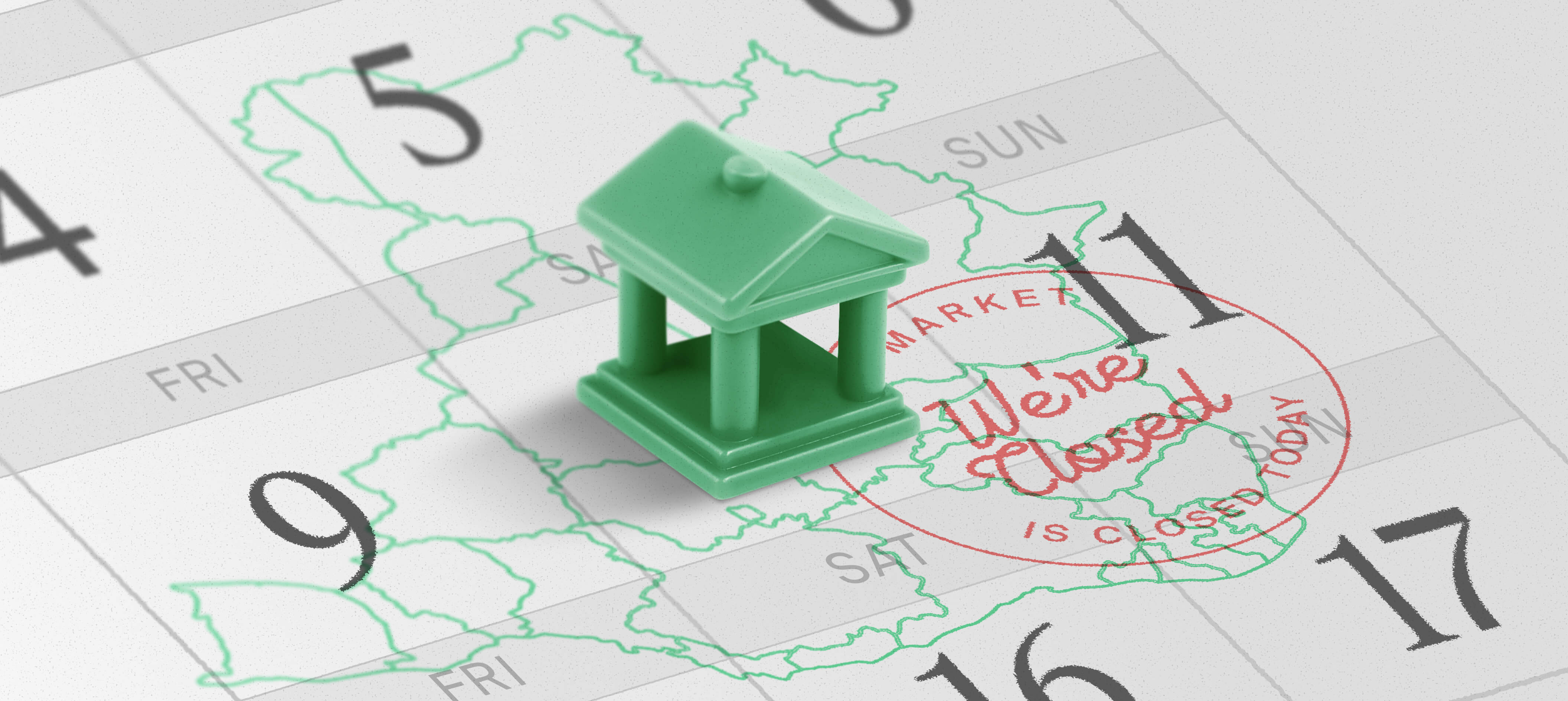 A bank symbol sits on a calendar marked ‘We’re Closed,’ representing how FX settlement still stops on weekends.