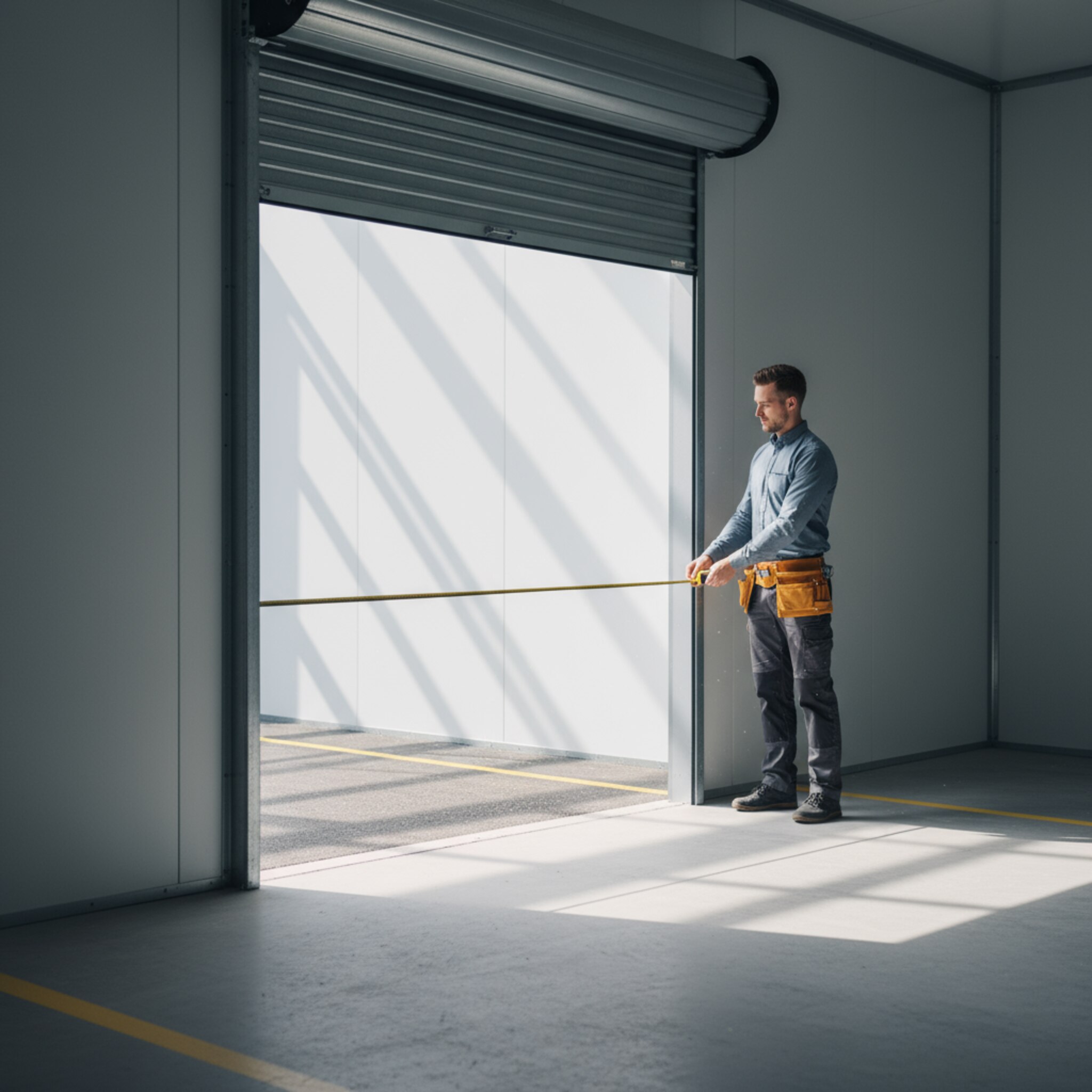 Ein Betreiber misst mit einem Bandmaß die Tiefe einer leeren Lagerbox, während die Sonne durch das Tor schneidet. Auf dem Boden sind dezente Markierungen zu sehen, die Größen strukturieren. Die Luft wirkt kühl und klar. Die Szene strahlt Übersicht und Präzision aus.