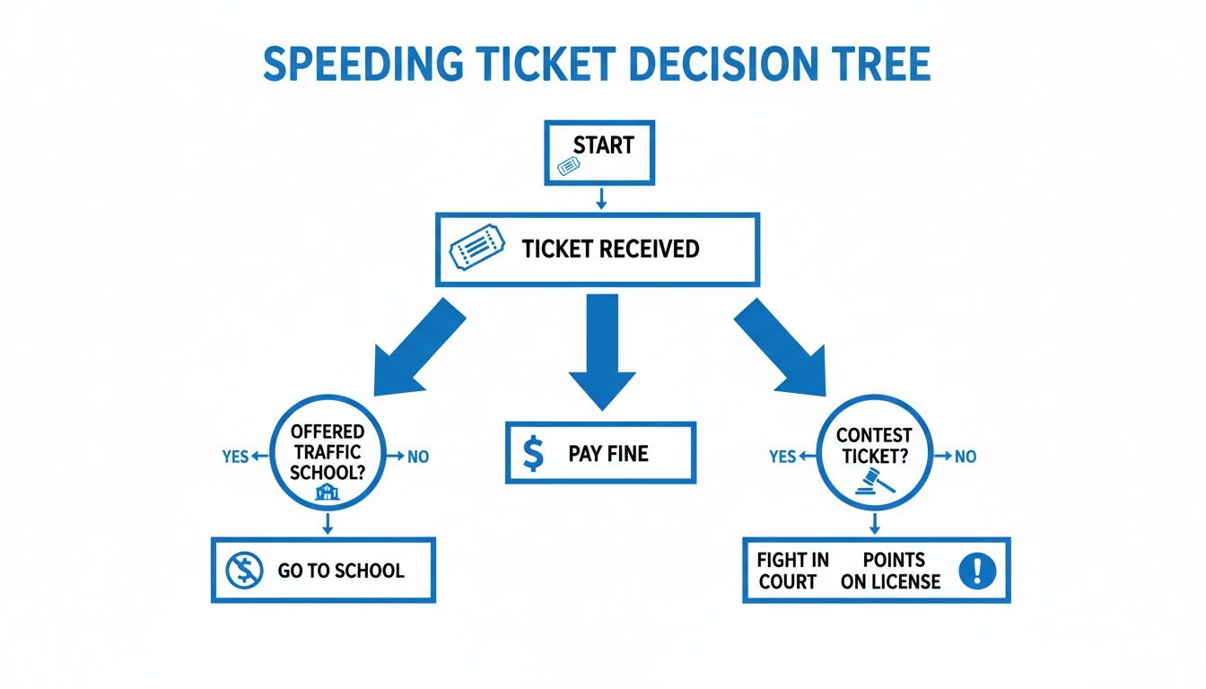 A comprehensive flowchart illustrating the step-by-step decision process for handling a speeding ticket.
