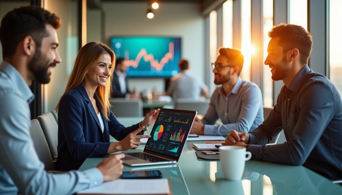 Business team discussing sales data and AI tools shown on a laptop during a meeting in a modern office with sunset light.