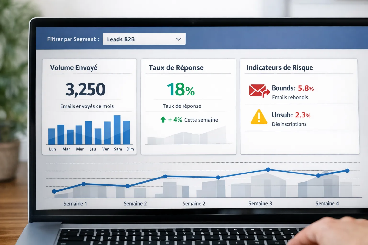 Capture conceptuelle d’un tableau de bord de prospection montrant trois tuiles: volume envoyé, taux de réponse, et indicateurs de risque (rebonds, désinscriptions), avec un filtre par segment.