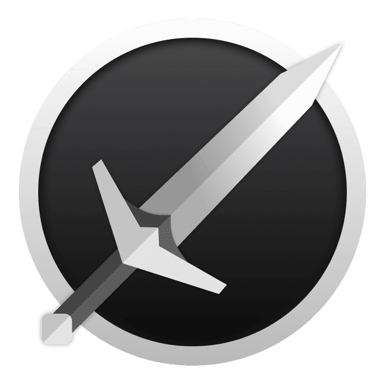 The image displays the beautiful icon of Gamified Life OS. A gray, black and white color schemed crest of a angled sword on top of a black gradient circle with a white gradient border.