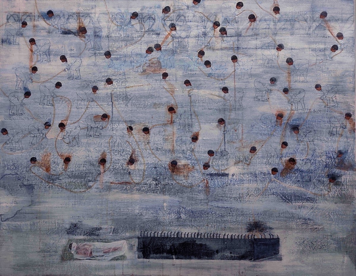 herd of sheep on road painting