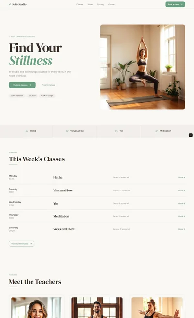Yoga studio website prompt — warm white and sage green yoga studio wellness website design preview