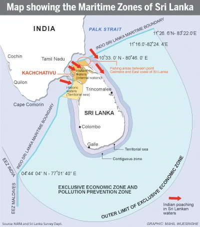 Map showing maritime zones of Sri Lanka, including territorial sea, contiguous zone, and exclusive economic zone, highlighting Katchatheevu Island, Indo-Sri Lanka maritime boundary, and areas of Indian poaching.