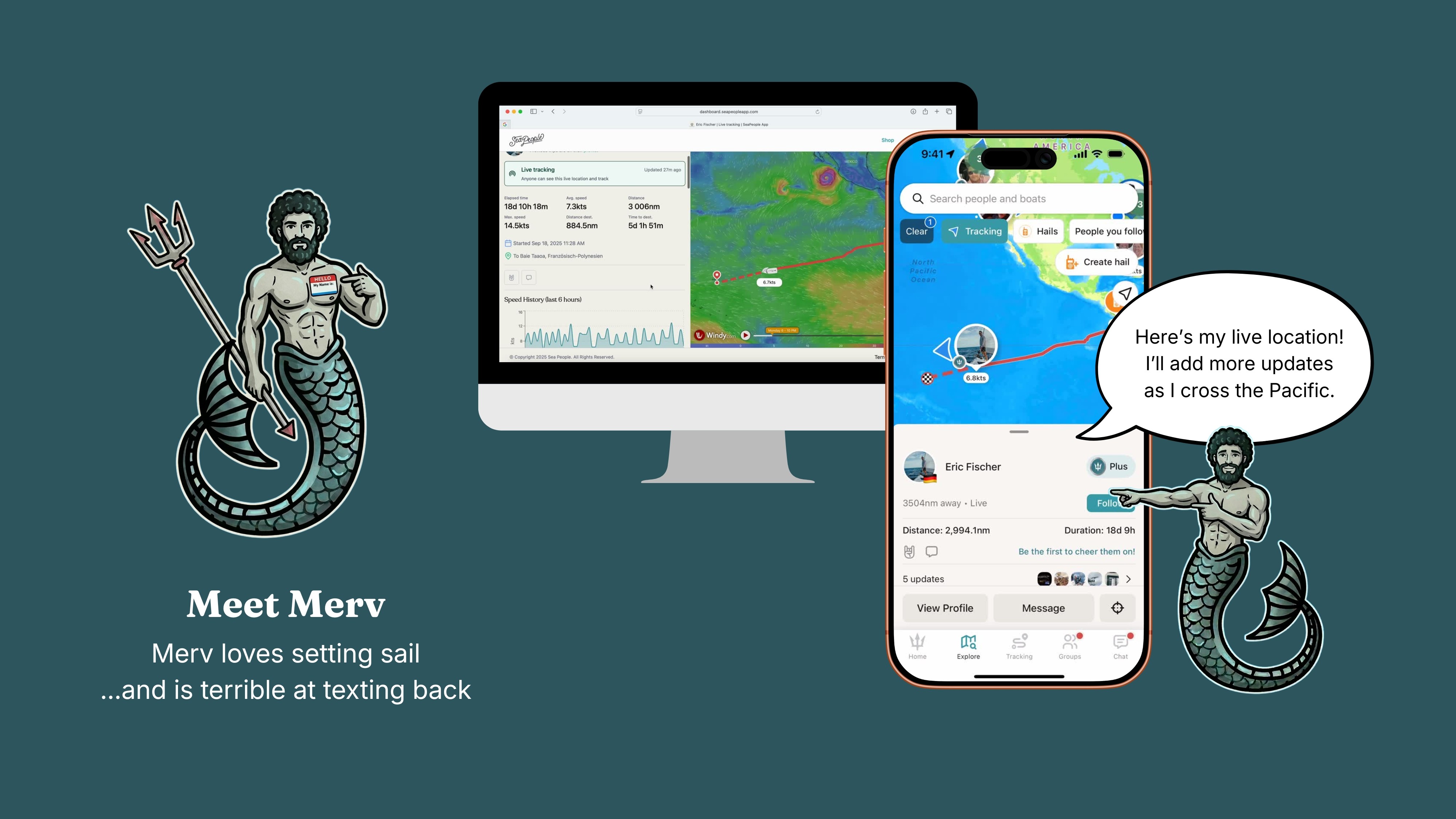 SeaPeople live tracking interface on mobile and desktop showing a route across the Pacific