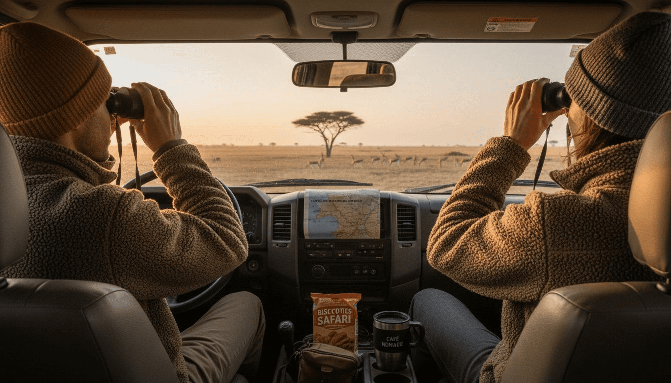 Au lever du soleil, des voyageurs partent en safari à bord de leur 4x4, à l’affût des animaux sauvages qui s’éveillent dans la savane.