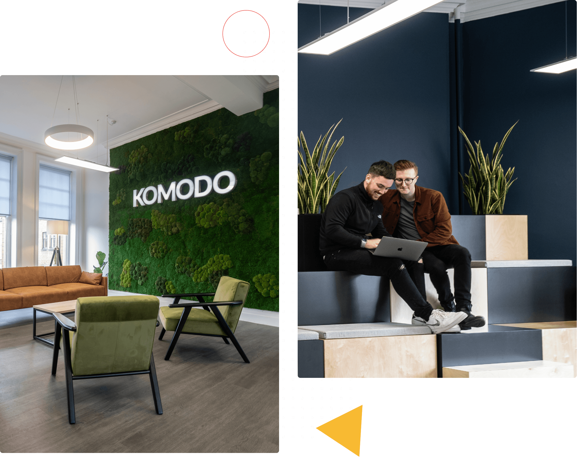 Komodo's Newcastle studio. A bright room with a moss wall and two green velvet chairs