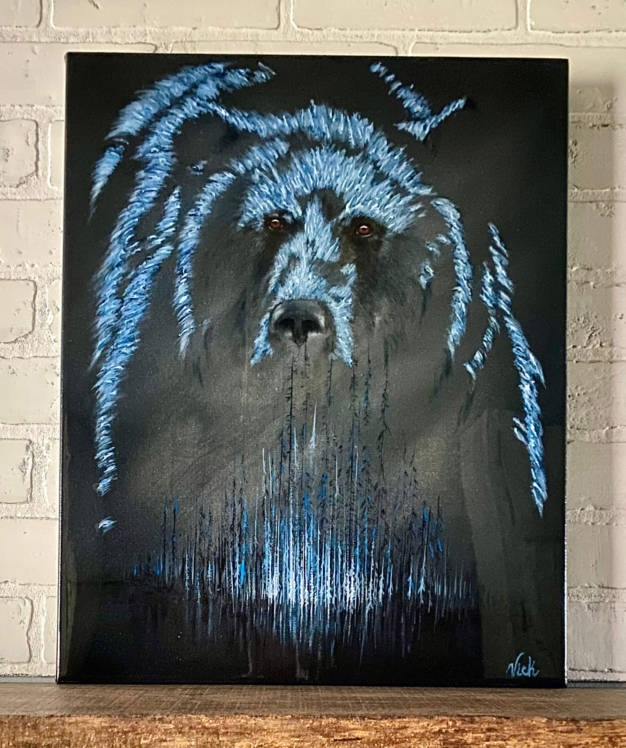 Toile avec un ours en noir et bleu