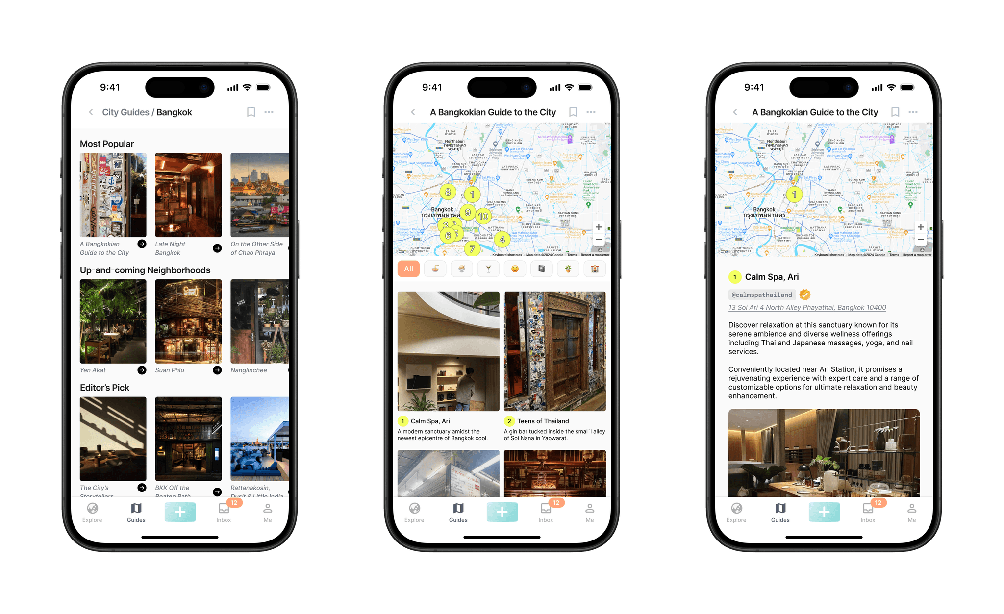 Three screenshots of Guides feature: Bangkok guides, location map, and detailed store write-up.