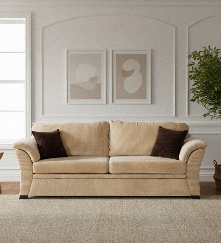 Elegant contemporary fabric sofa with curved arms and wooden base