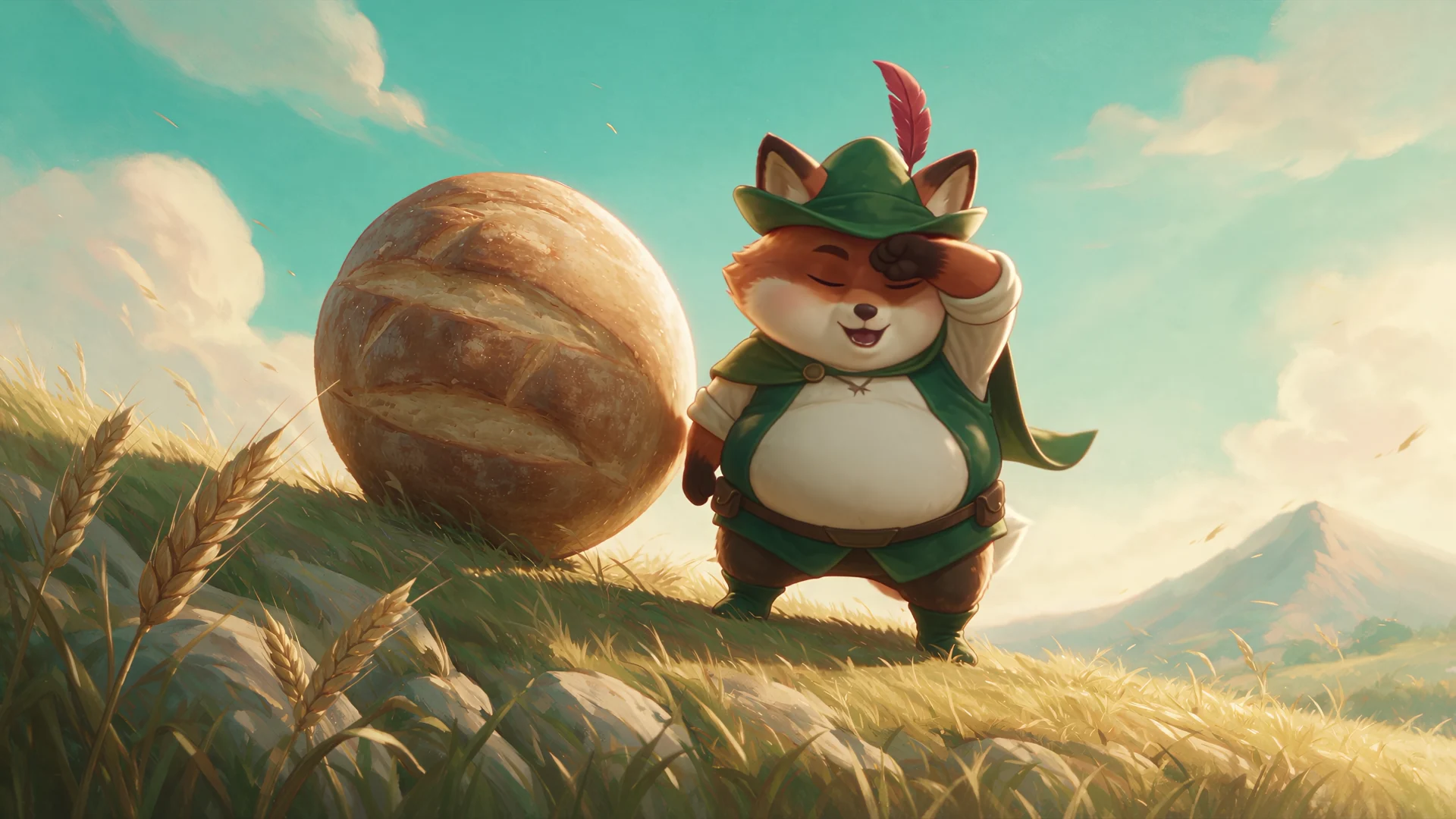 Robin beside a giant round loaf on a mountain