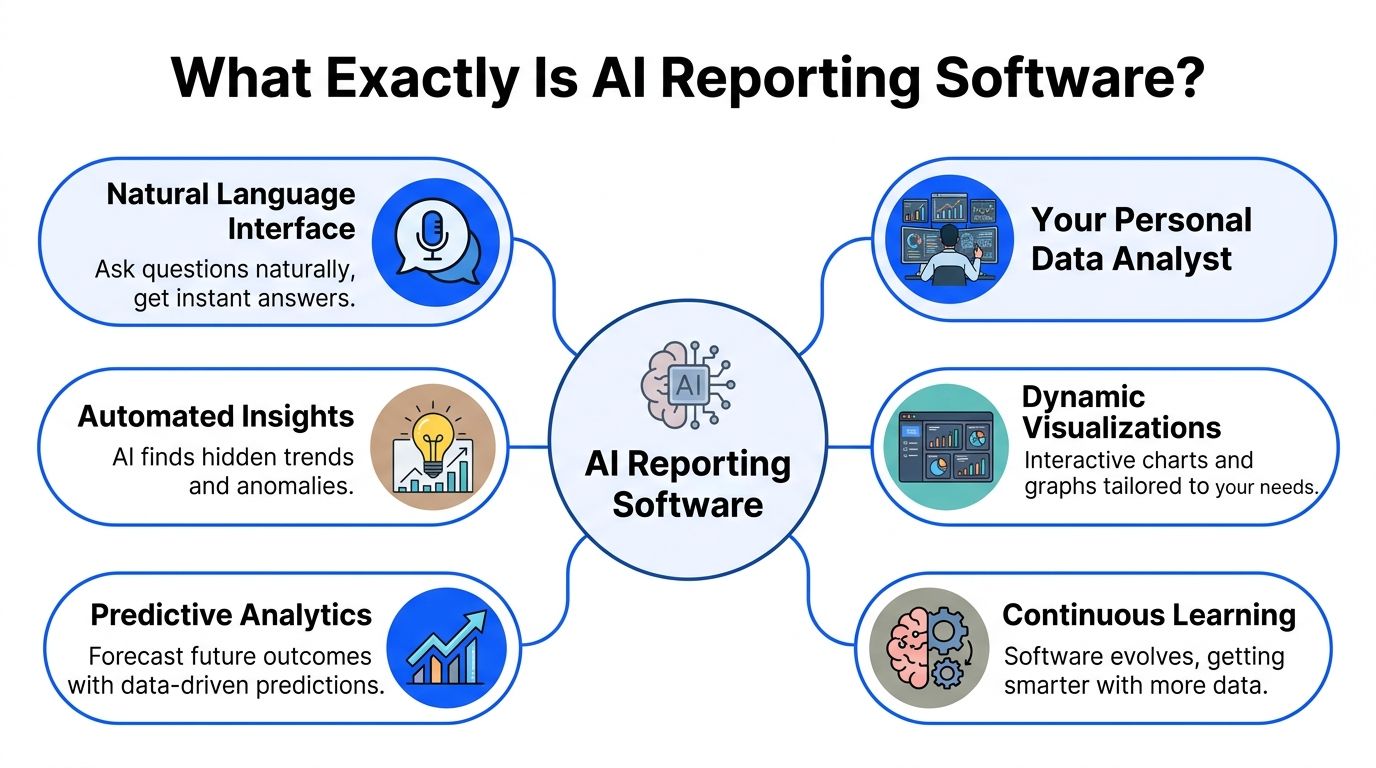 A mind map infographic illustrating the key features and capabilities of AI reporting software for business analytics.