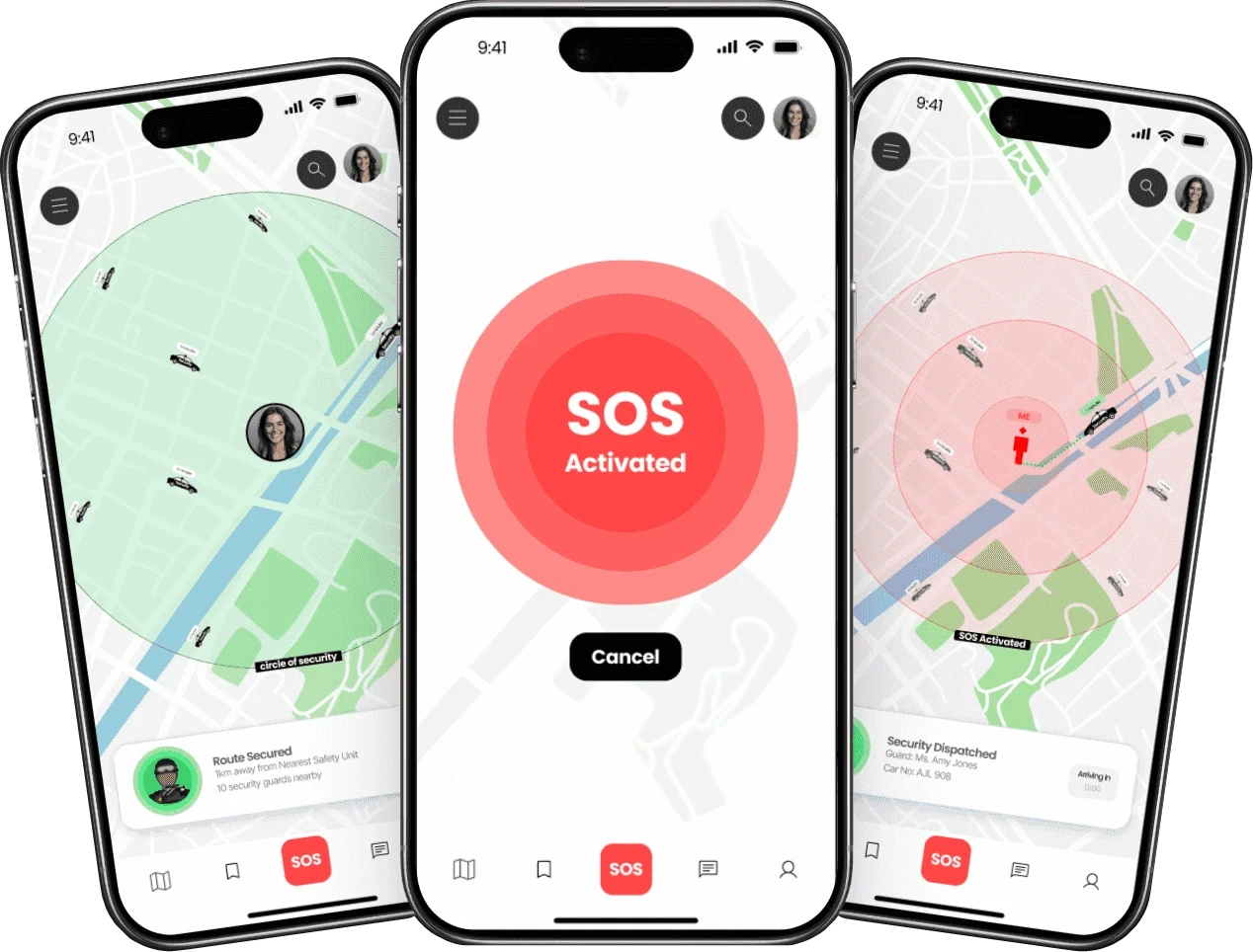 Three Gardy screens: route secured, SOS activated and security dispatched