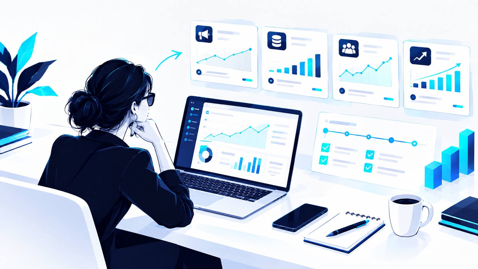 Illustration of a businesswoman at a laptop reviewing marketing analytics dashboards, with four floating panels showing upward-trending line and bar charts for engagement, data, audience growth, and performance, alongside a checklist panel with completed milestones.