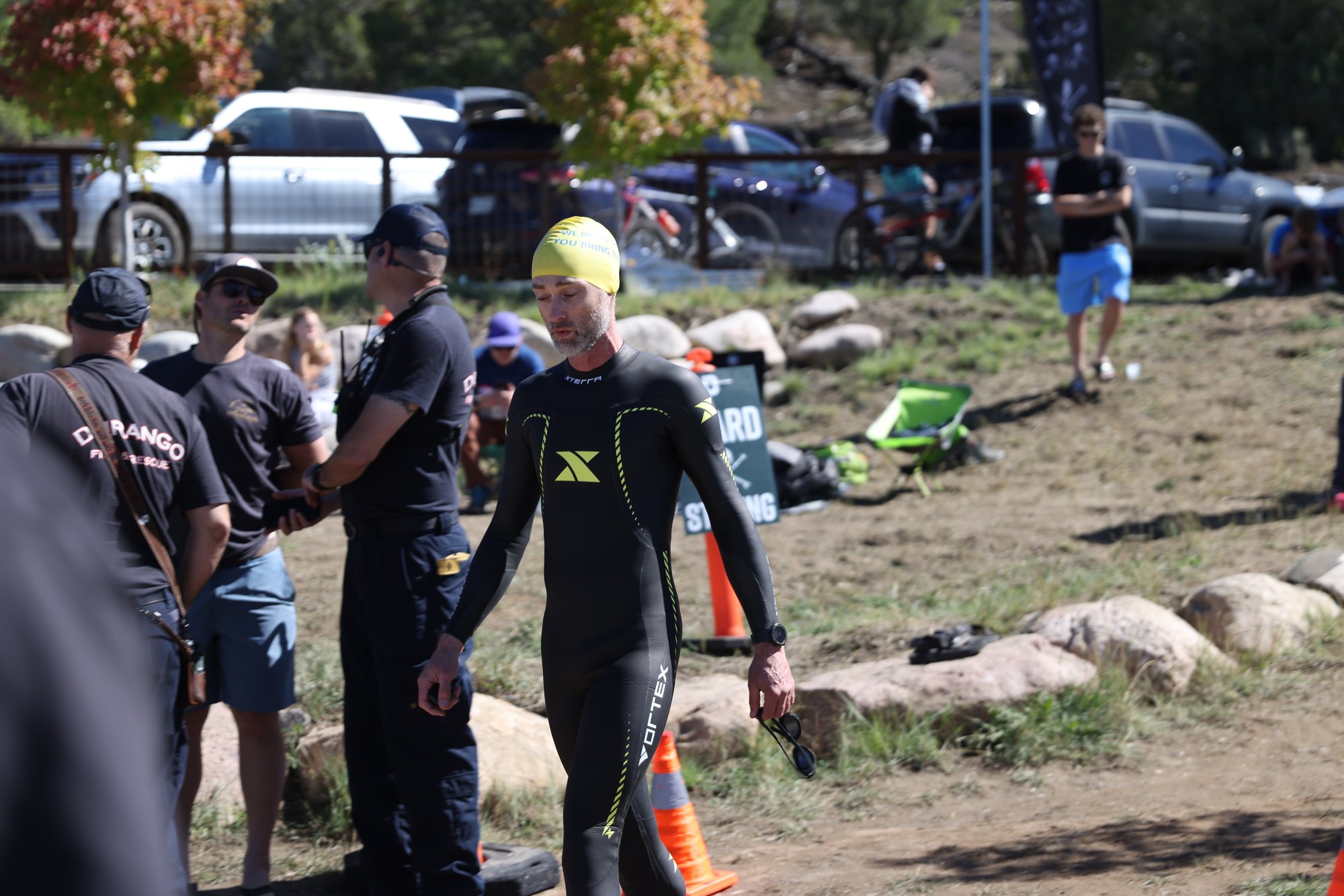 Open-water swimmers at the start of the swim leg