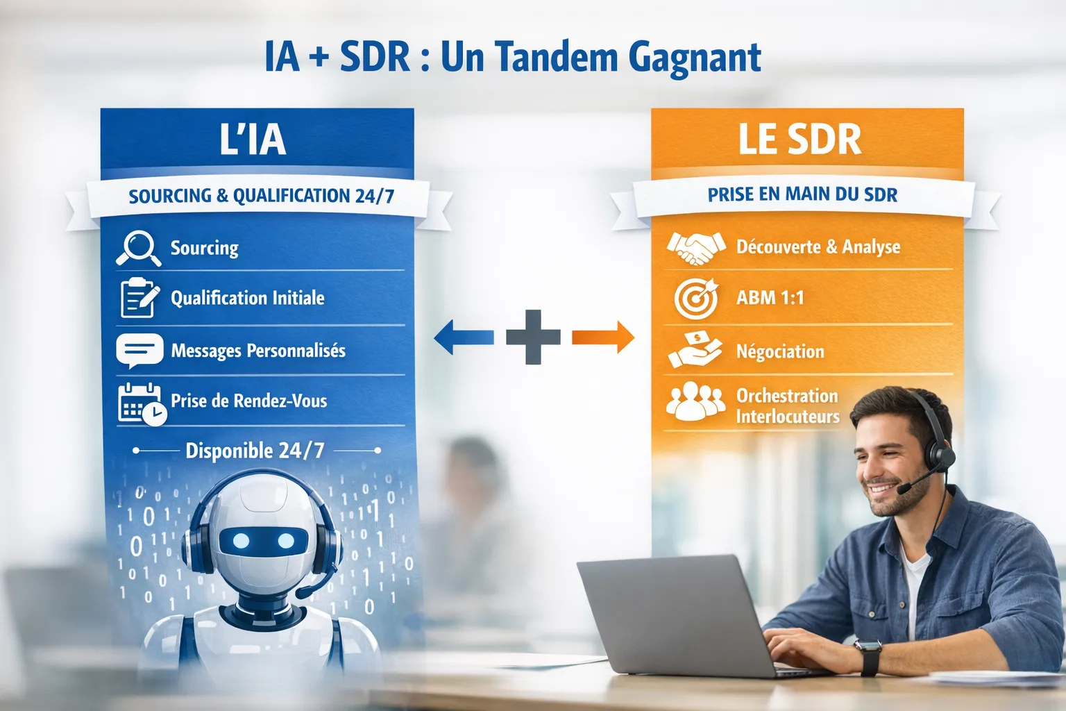 Schéma simple montrant un tandem IA + SDR : l’IA gère sourcing, qualification initiale, messages et prise de rendez-vous 24/7, le SDR prend le relais sur la découverte, l’ABM 1:1, la négociation et l’orchestration des interlocuteurs.