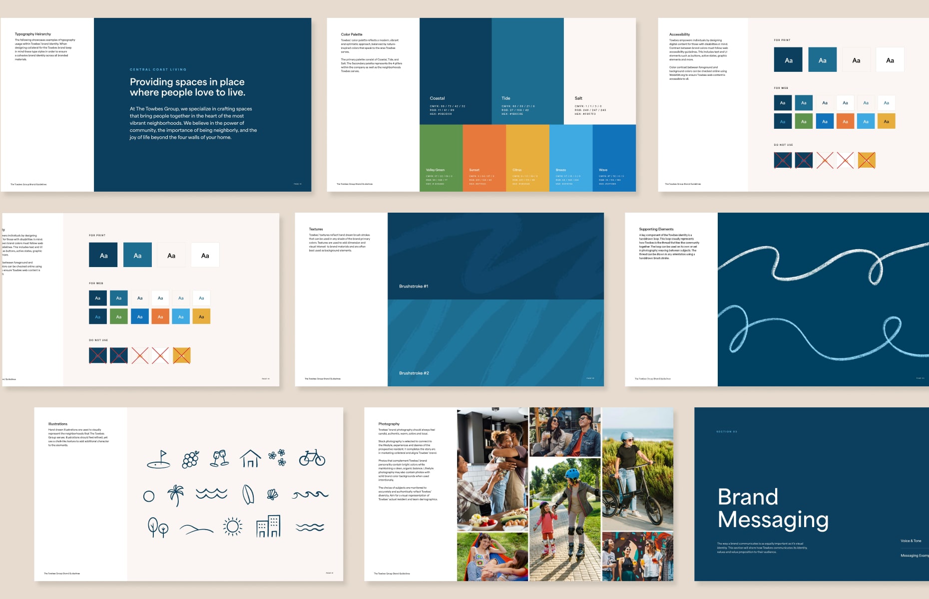 Various pages of the Towbes Group brand standards guide.