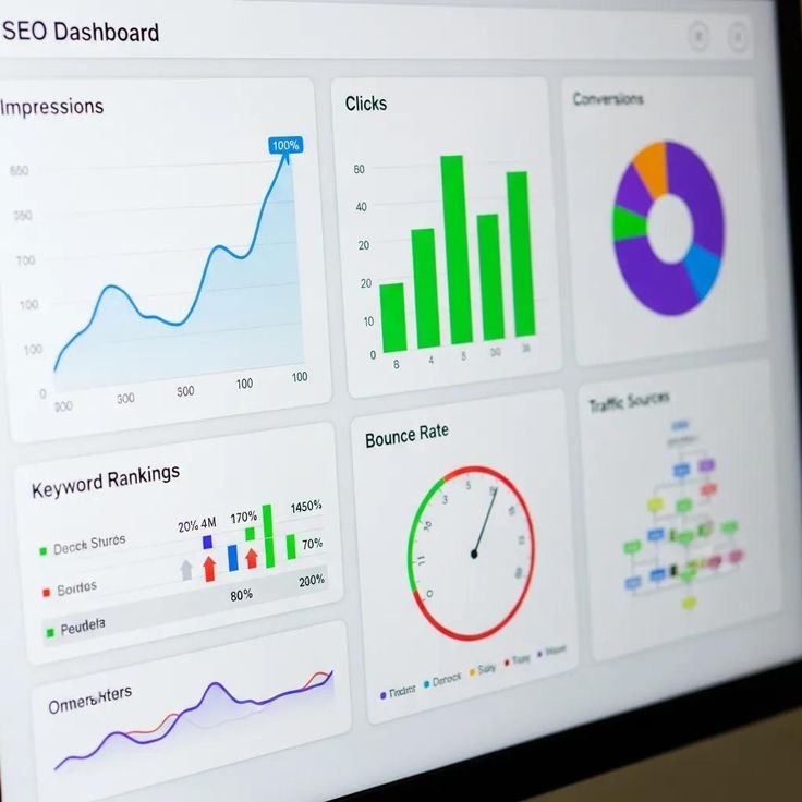 SEO dashboard showing website ranking and keyword performance.