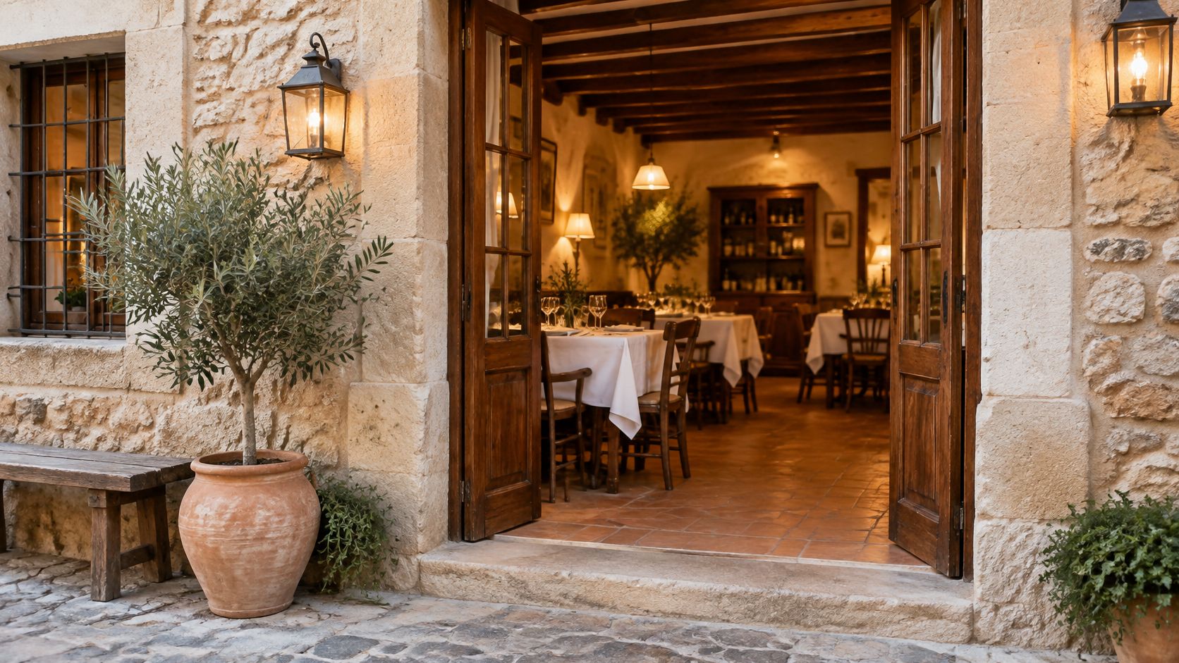 La entrada de un restaurante rústico con mesas decoradas, plantas en macetas y una cálida iluminación nocturna.
