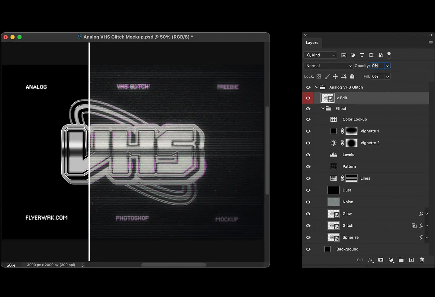 Photoshop workspace view showing the Analog VHS Glitch Mockup layers for dust noise glow and chromatic aberration