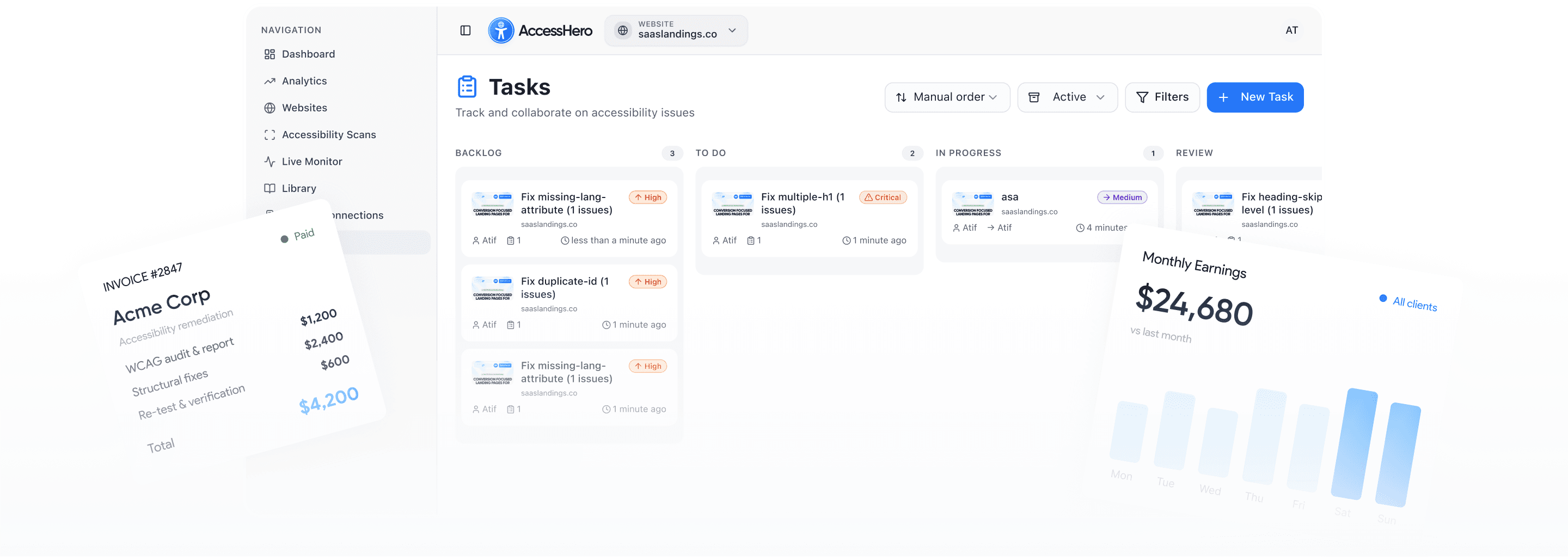 AccessHero dashboard with tasks and invoices.
