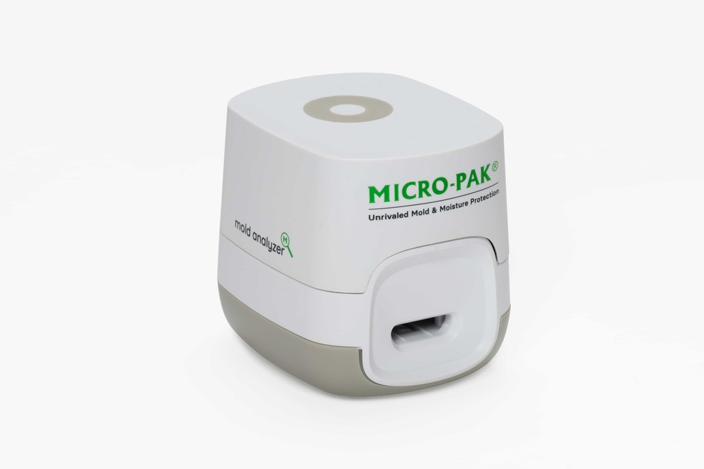 Close-up of Mold Analyzer Test Cassette for single-use mold testing