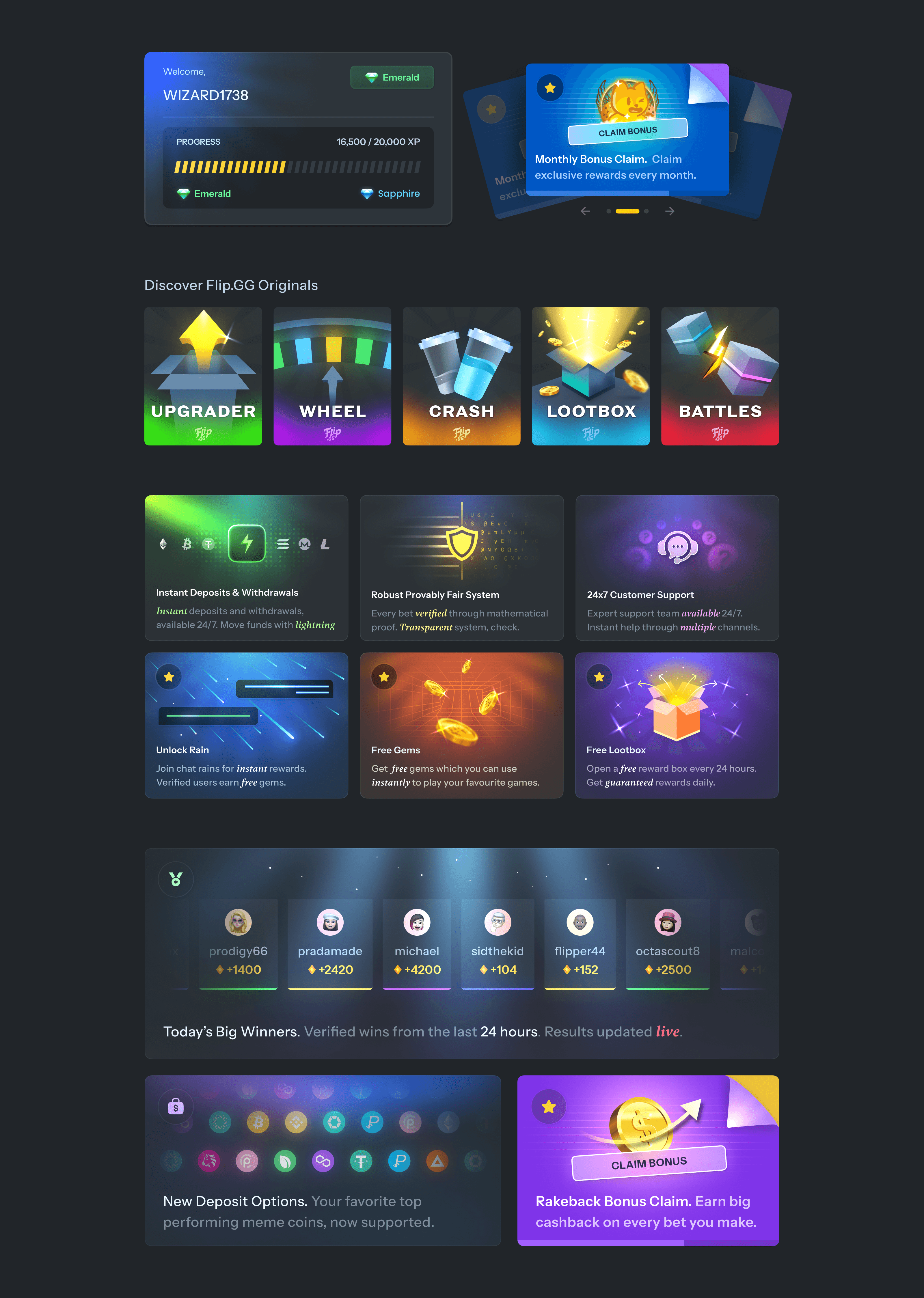 Collection of UI components and promotional designs created for Flip.gg, including rewards systems, game modes, bonus cards, achievement widgets, and engagement features.