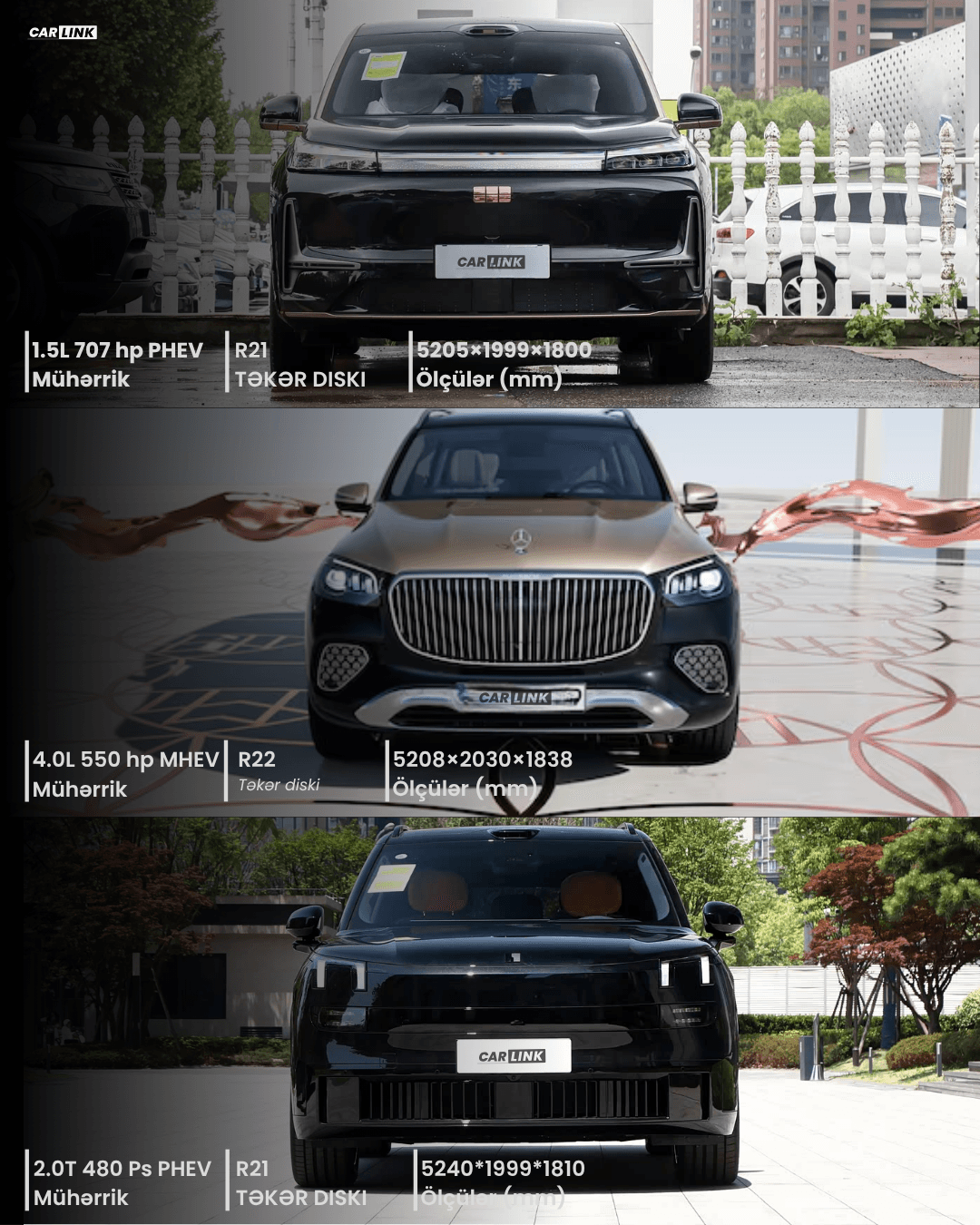 Geely Galaxy M9, Mercedes-Maybach GLS 600 və Lynk & Co 900 modellərinin texniki göstəricilərinin müqayisəsi