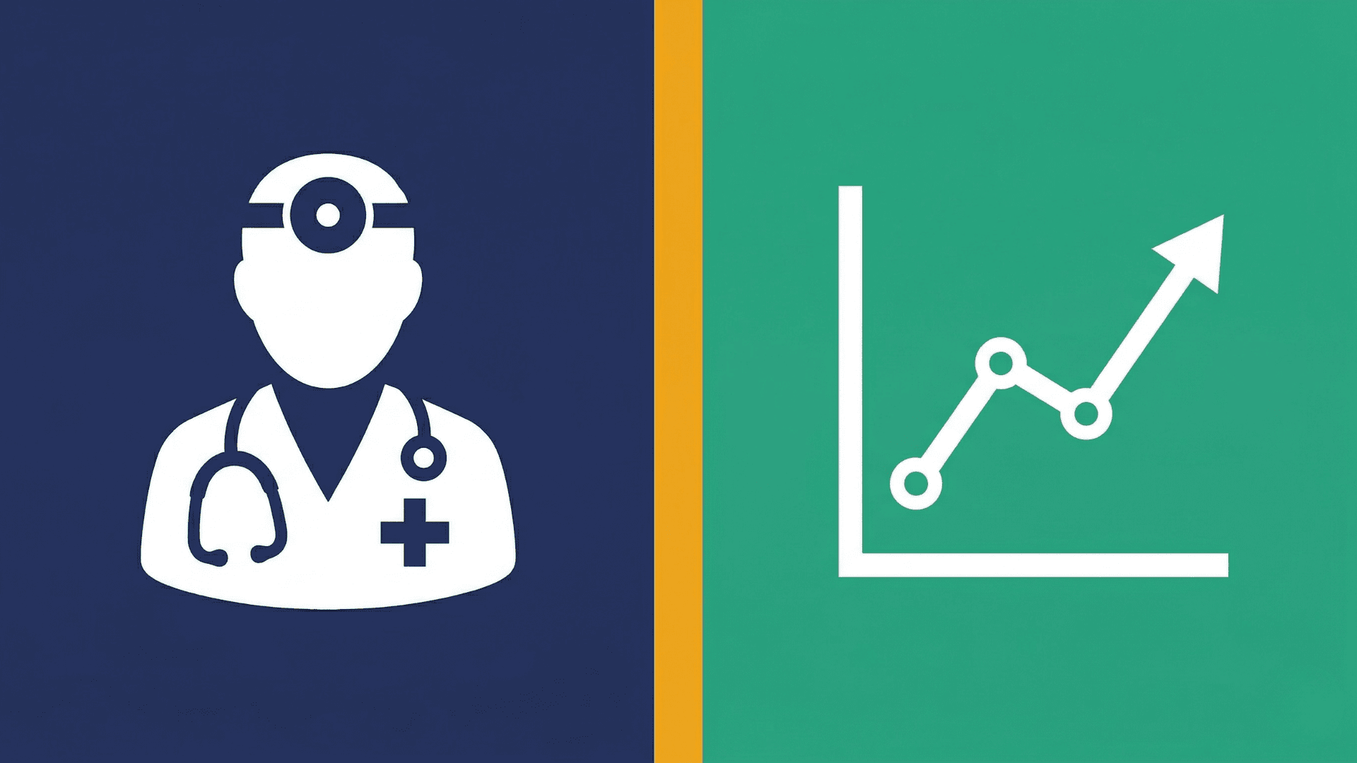 医師監修(左・医師アイコン)がもたらす費用対効果の成長(右・上昇グラフ)を表すROI計算フレームワークのイメージイラスト