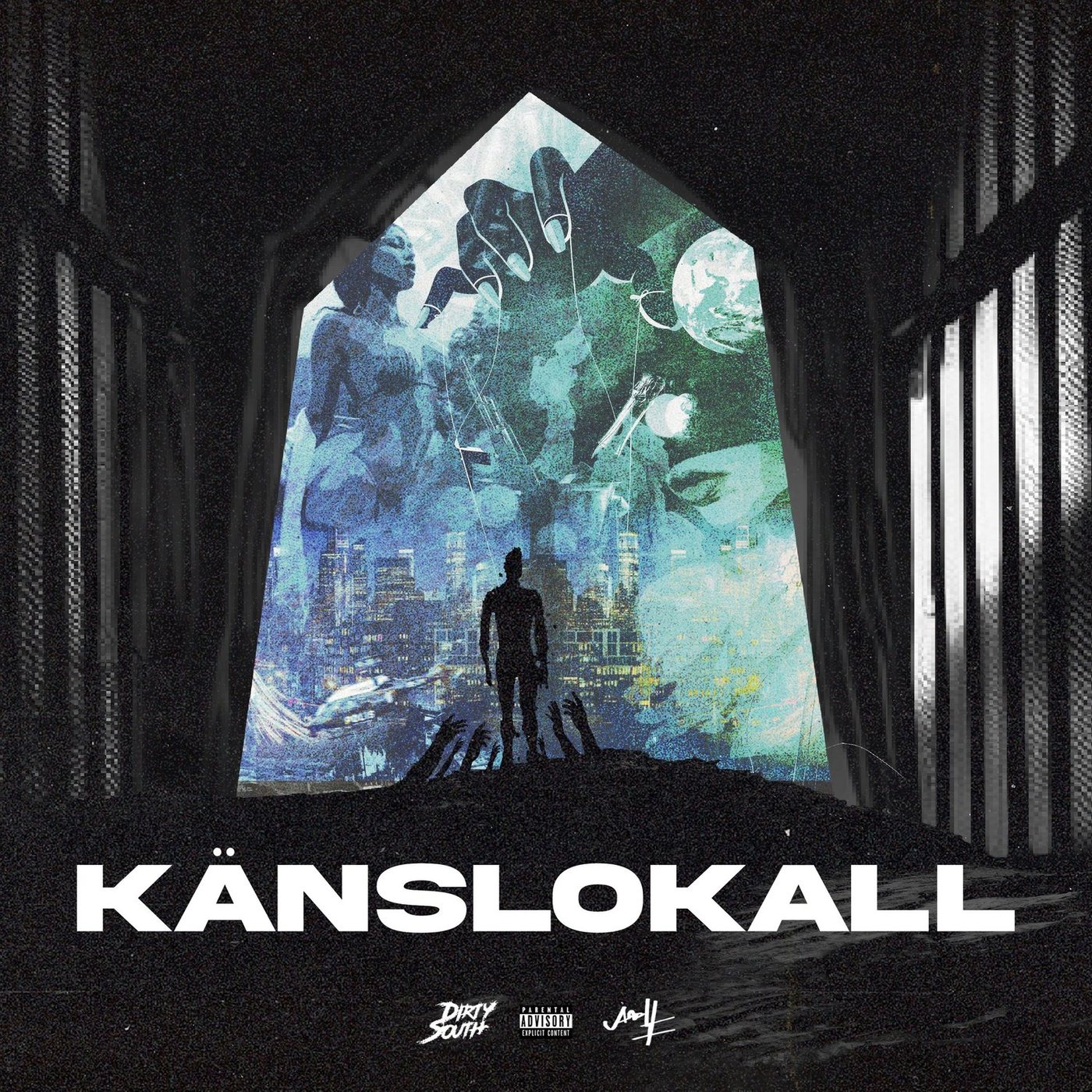 KÄNSLOKALL single artwork for Dizzy — a figure silhouetted in a gothic arched window looking out over a fractured city, title in bold white capitals below