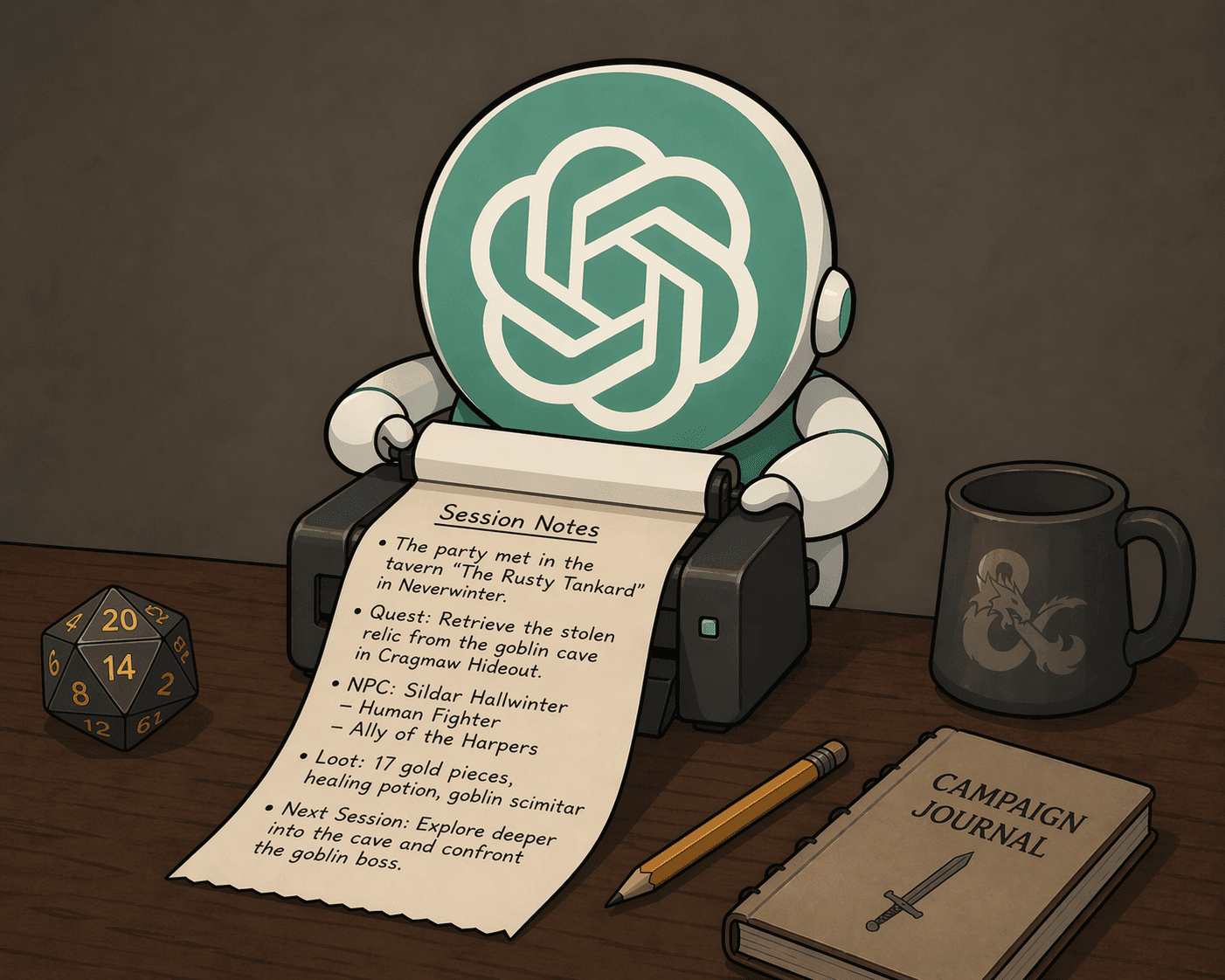 The ChatGPT logo printing out notes for a DND session