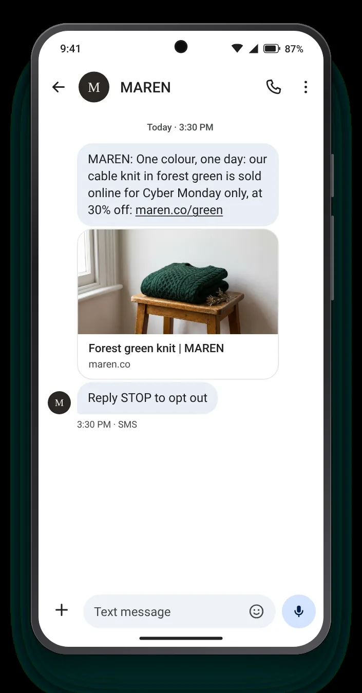 A colour sold for a single Monday Cyber Monday text on an Android phone
