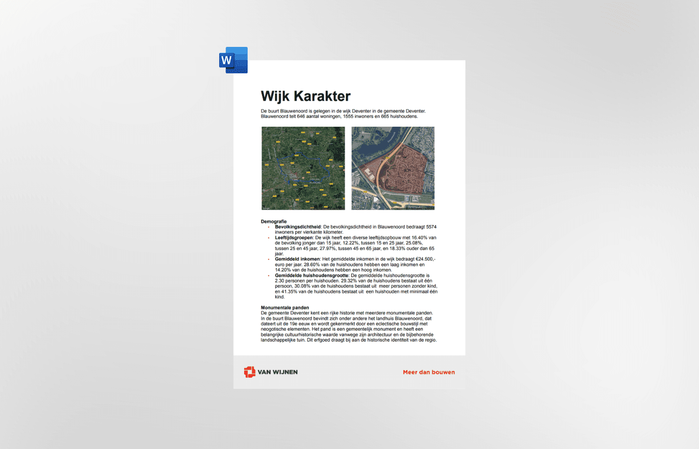 Automatisch gegenereerd Van Wijnen Word-rapport met demografische analyse en monumentale panden van een buurt 