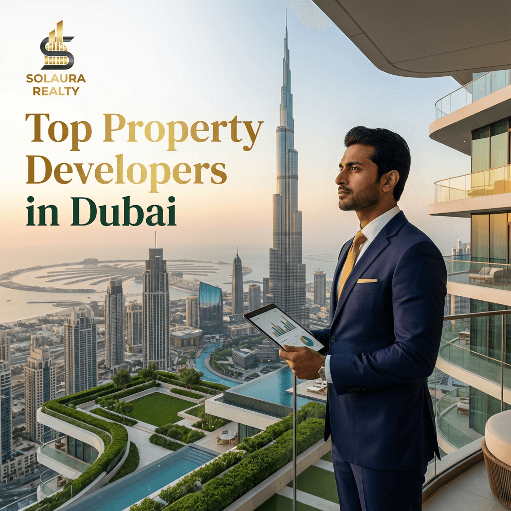 A man in a suit standing on a luxurious balcony with the Burj Khalifa in the background, overlooking the Dubai skyline. He is holding a tablet displaying graphs. The image has a golden and green text overlay that reads 'Top Property Developers in Dubai' and features the 'Solaura Realty' logo in the top left corner."