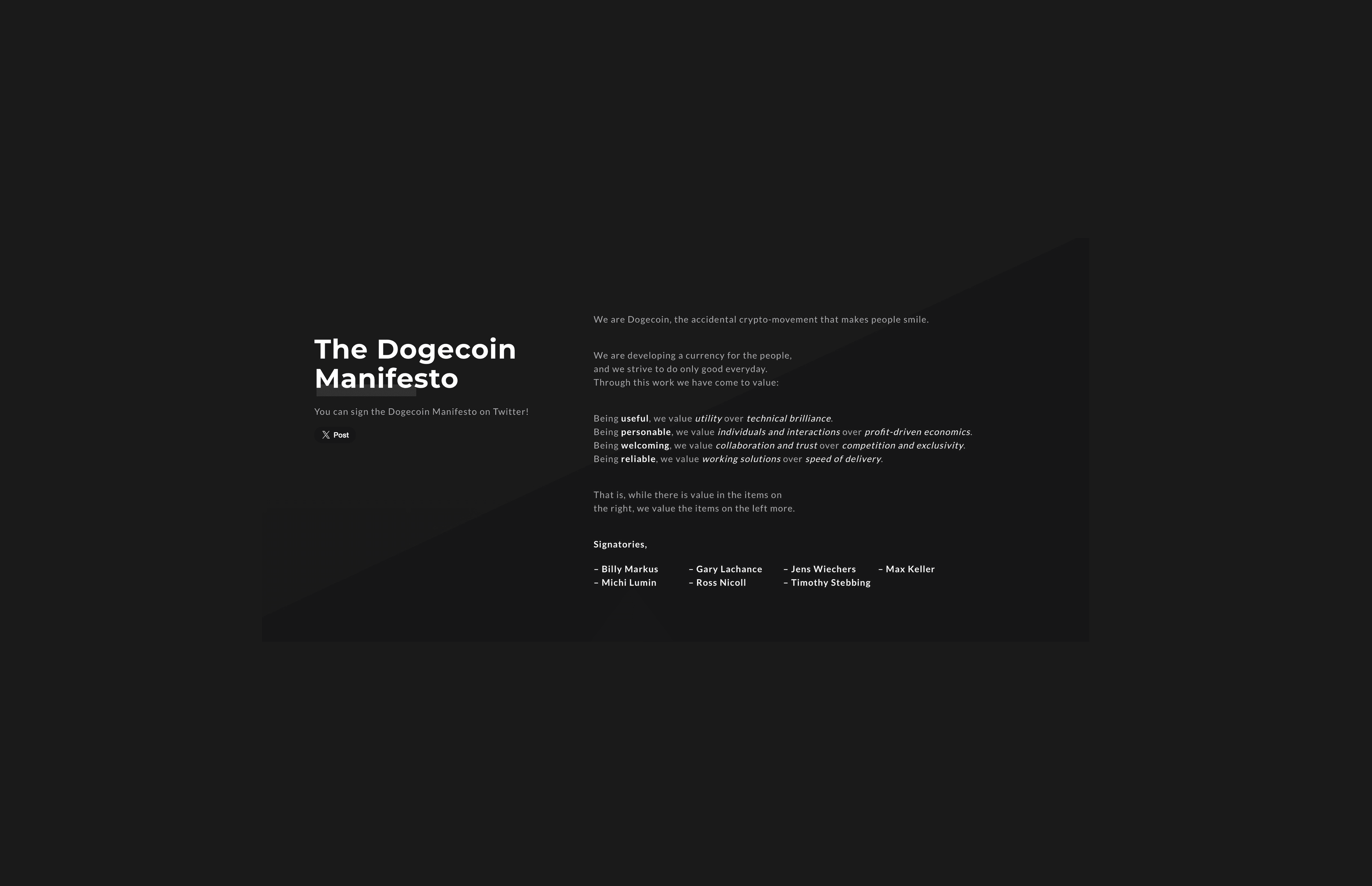 "The Dogecoin Manifesto" webpage on a dark background, stating Dogecoin's core values — being useful, personable, welcoming, and reliable, prioritizing utility, community, and trust over profit-driven economics and speed — signed by Dogecoin's core team including Billy Markus, Max Keller, Jens Wiechers, Michi Lumin, Ross Nicoll, Gary Lachance, and Timothy Stebbing.