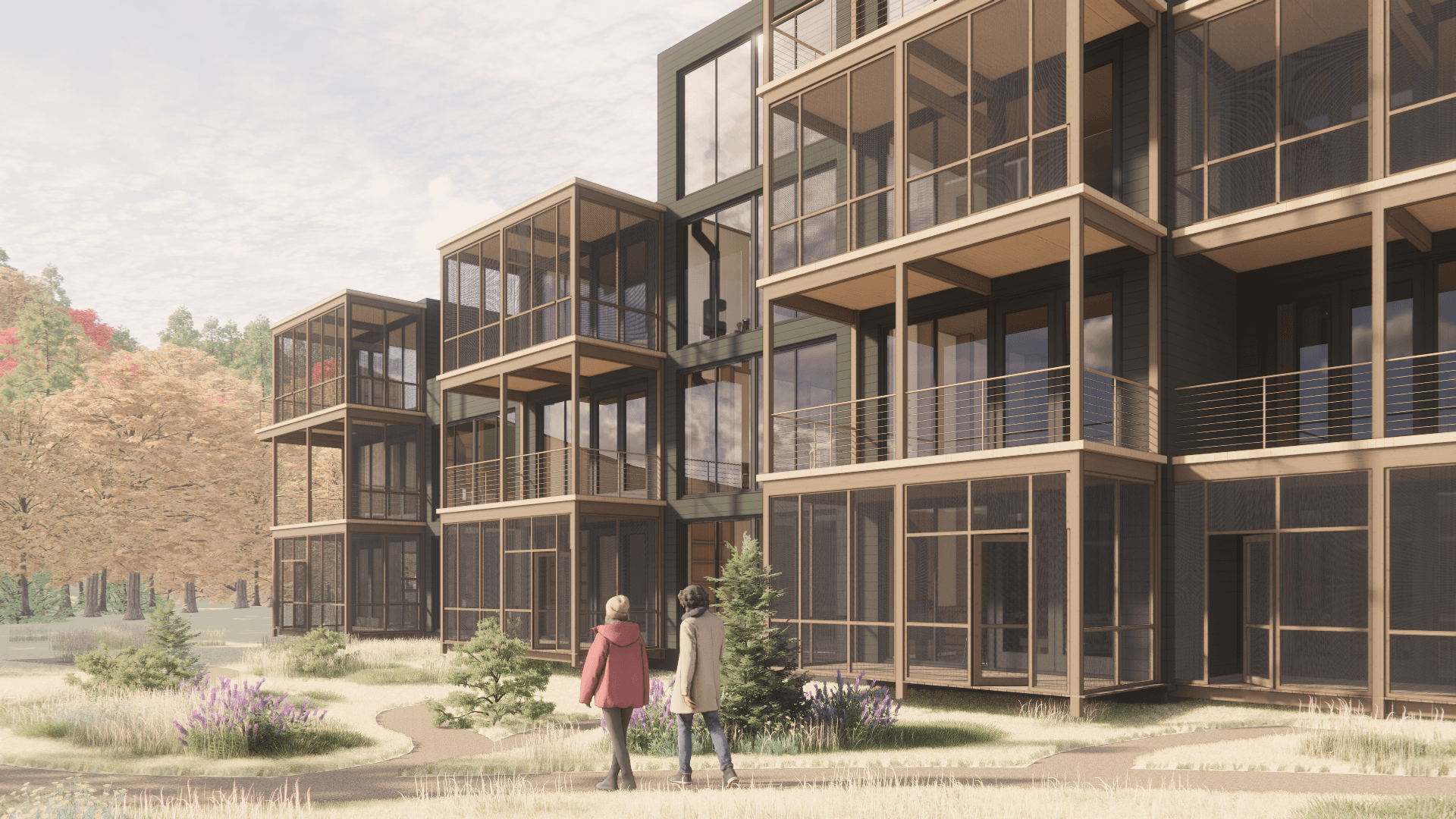 Open-concept living space in a TMBR multifamily home, featuring timber walls, built-in shelving, and natural light.