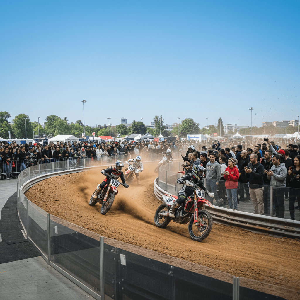 Exhibitors and attendees networking beside motorcycle displays at the Indiana Motorcycle & Powersports Expo, showcasing leading powersports brands and custom bikes.