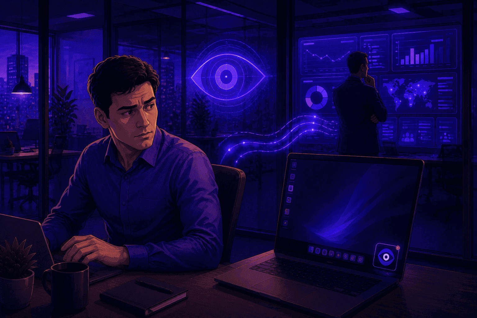 Employee noticing signs of workplace monitoring on a company laptop while managers analyze activity data in the background.