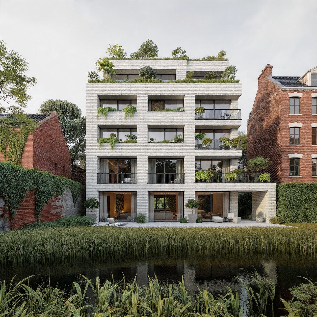 Modern five-story apartment building with lush greenery on balconies. Surrounded by ivy-covered walls, red brick houses, and a tranquil pond in front.