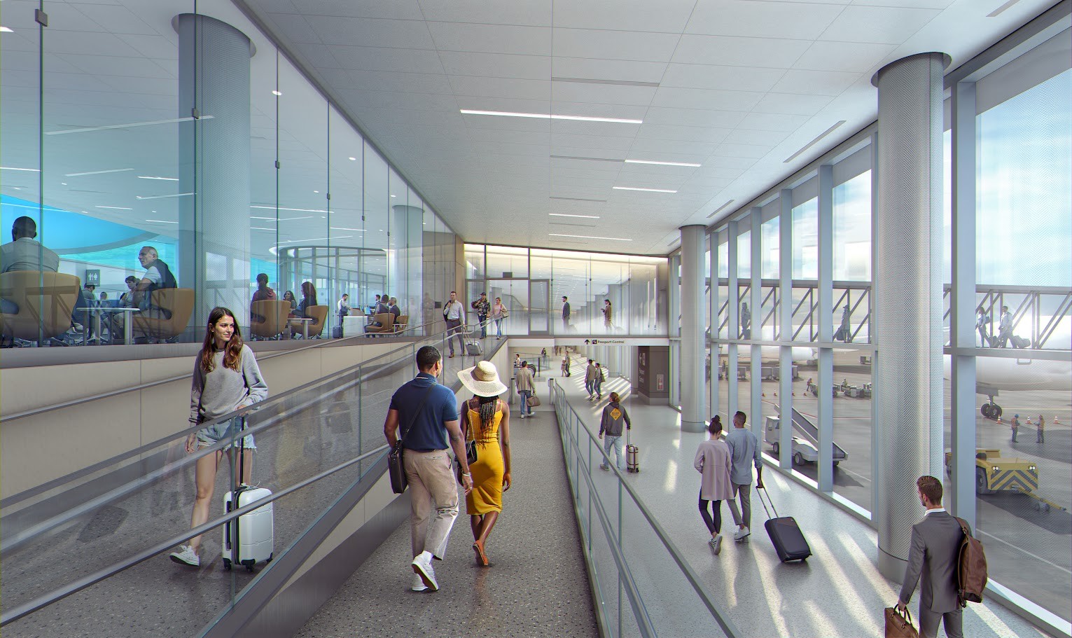 Interior view of Airside D terminal showing seating areas, passengers, and modern retail storefronts